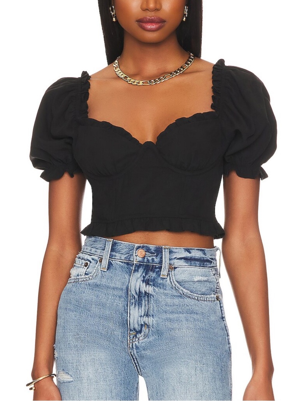 ASTR The Label Black Puff Sleeve Feronia Crop Top Size Medium
